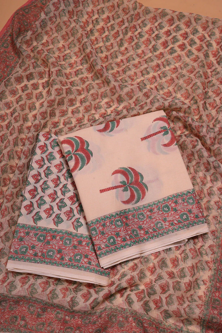 Beige Palm Hand Block Print Suit Set With Dupatta | SHOBITAM