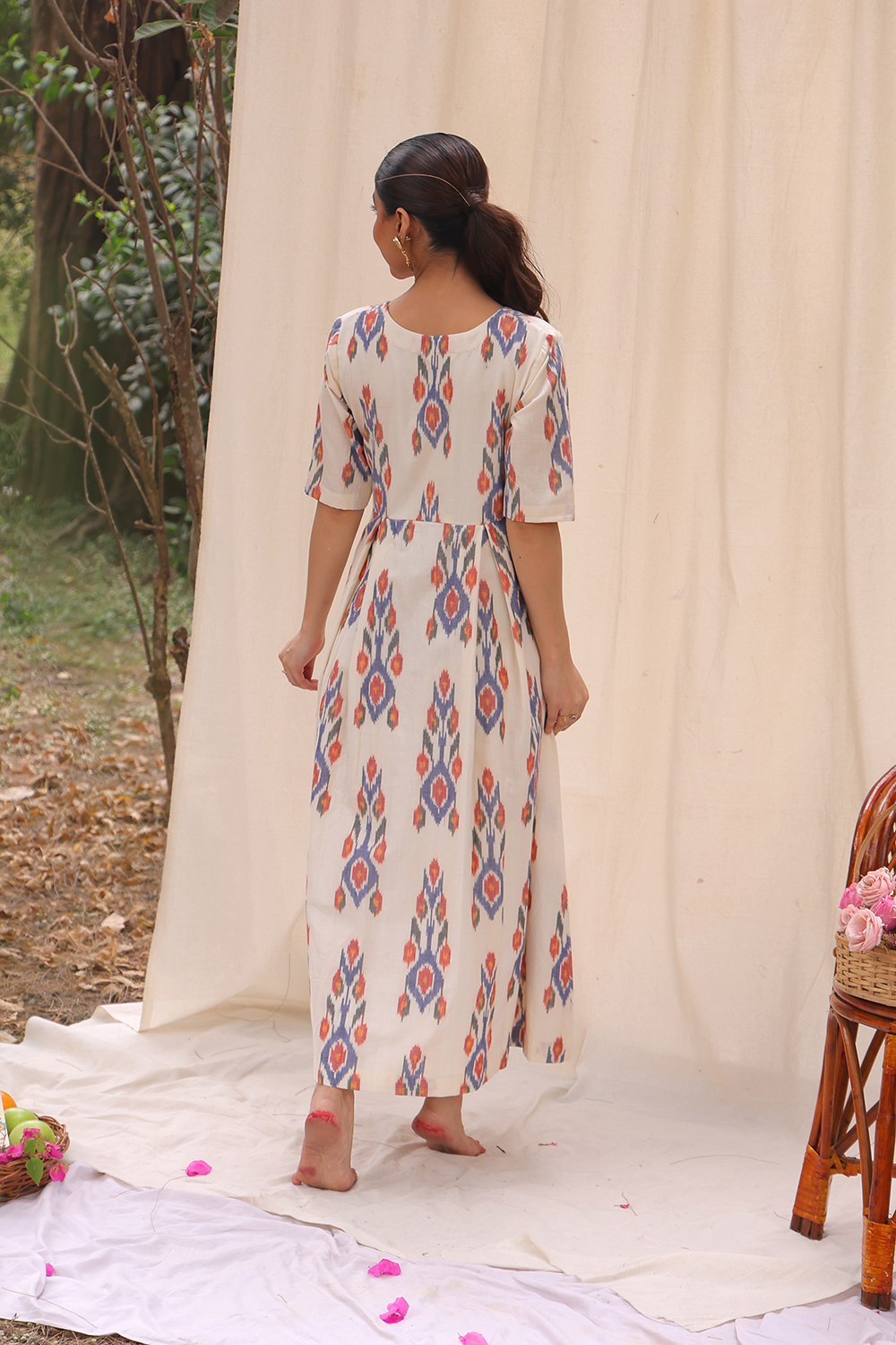 Amber Cream Ikkat Cotton Dress | SHOBITAM