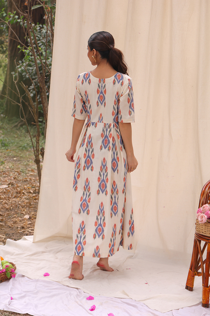 Amber Cream Ikkat Cotton Dress | SHOBITAM