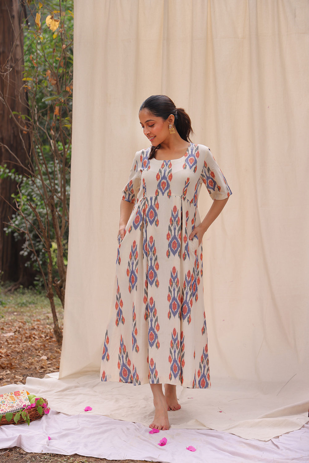 Amber Cream Ikkat Cotton Dress | SHOBITAM