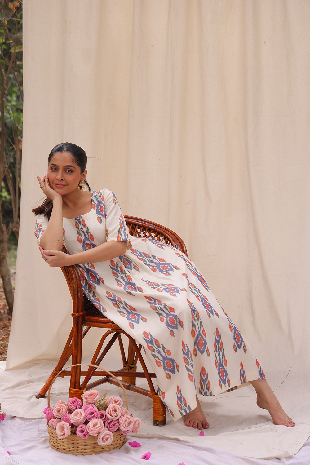 Amber Cream Ikkat Cotton Dress | SHOBITAM