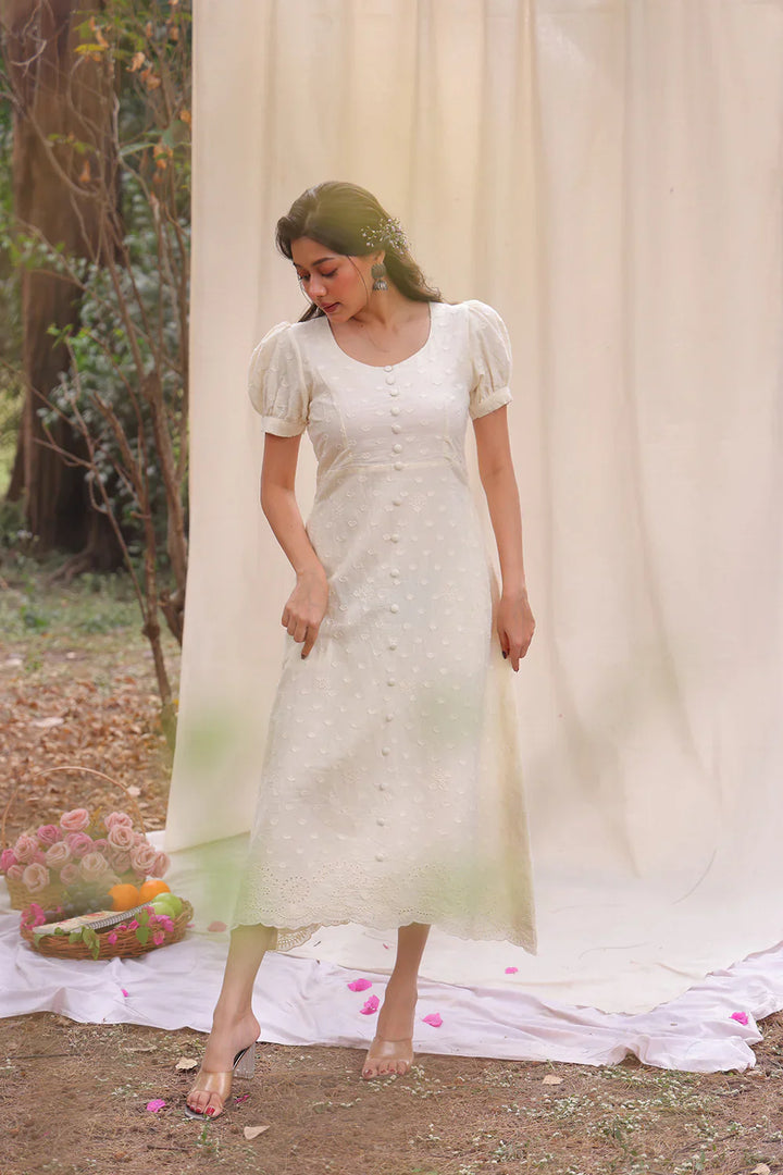 Luna Off White Cotton Dress | SHOBITAM