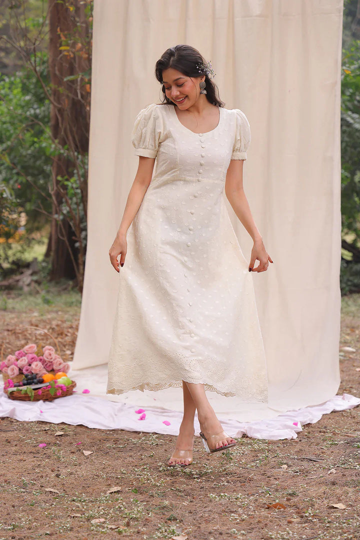 Luna Off White Cotton Dress | SHOBITAM