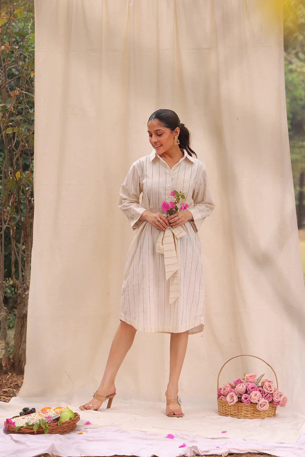 Cream Everyday Cotton Shirt Dress | SHOBITAM