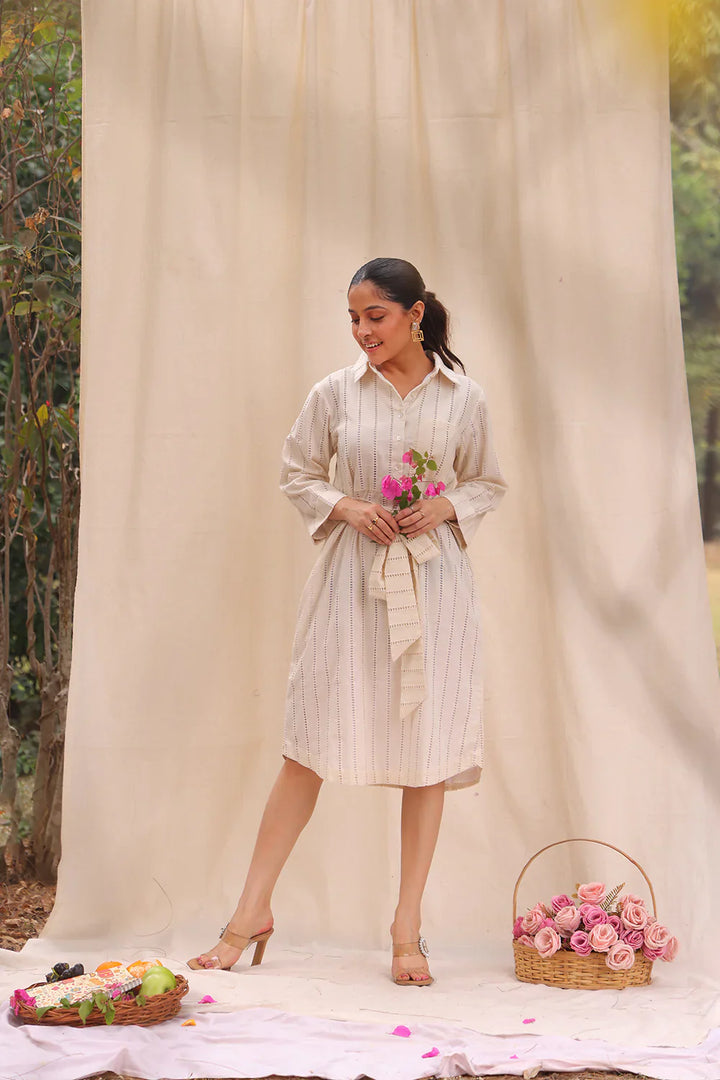 Cream Everyday Cotton Shirt Dress | SHOBITAM