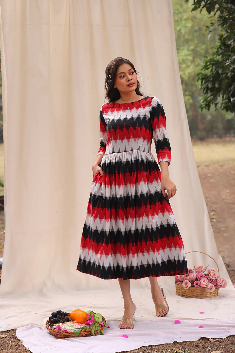 Rhythmic Black Ikkat Cotton Dress | SHOBITAM