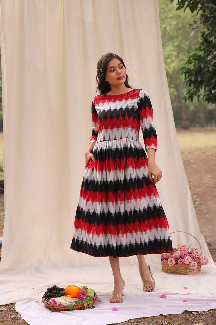 Rhythmic Black Ikkat Cotton Dress | SHOBITAM