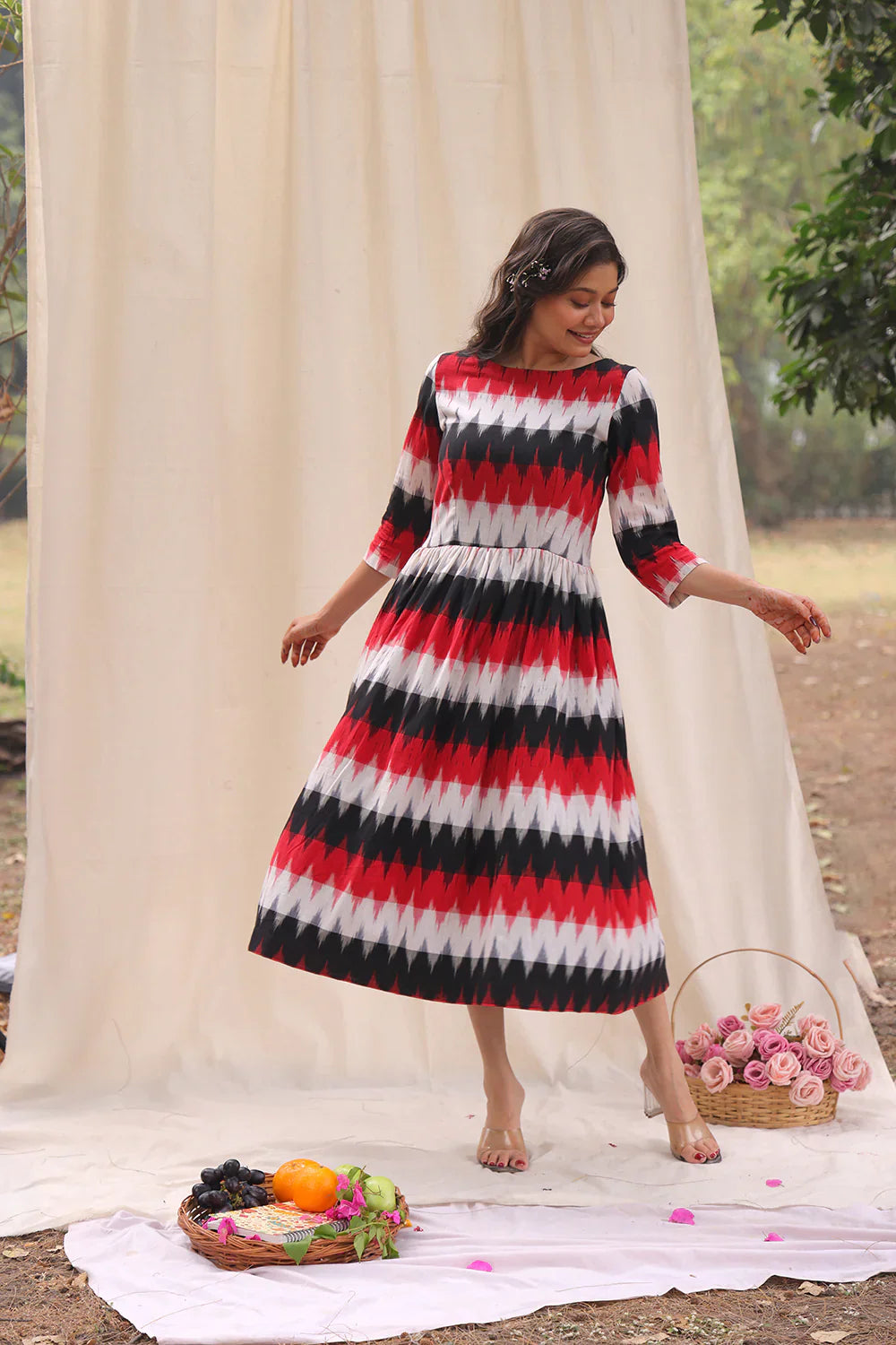 Rhythmic Black Ikkat Cotton Dress | SHOBITAM