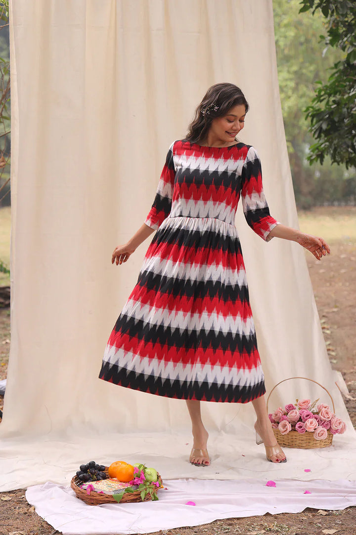 Rhythmic Black Ikkat Cotton Dress | SHOBITAM