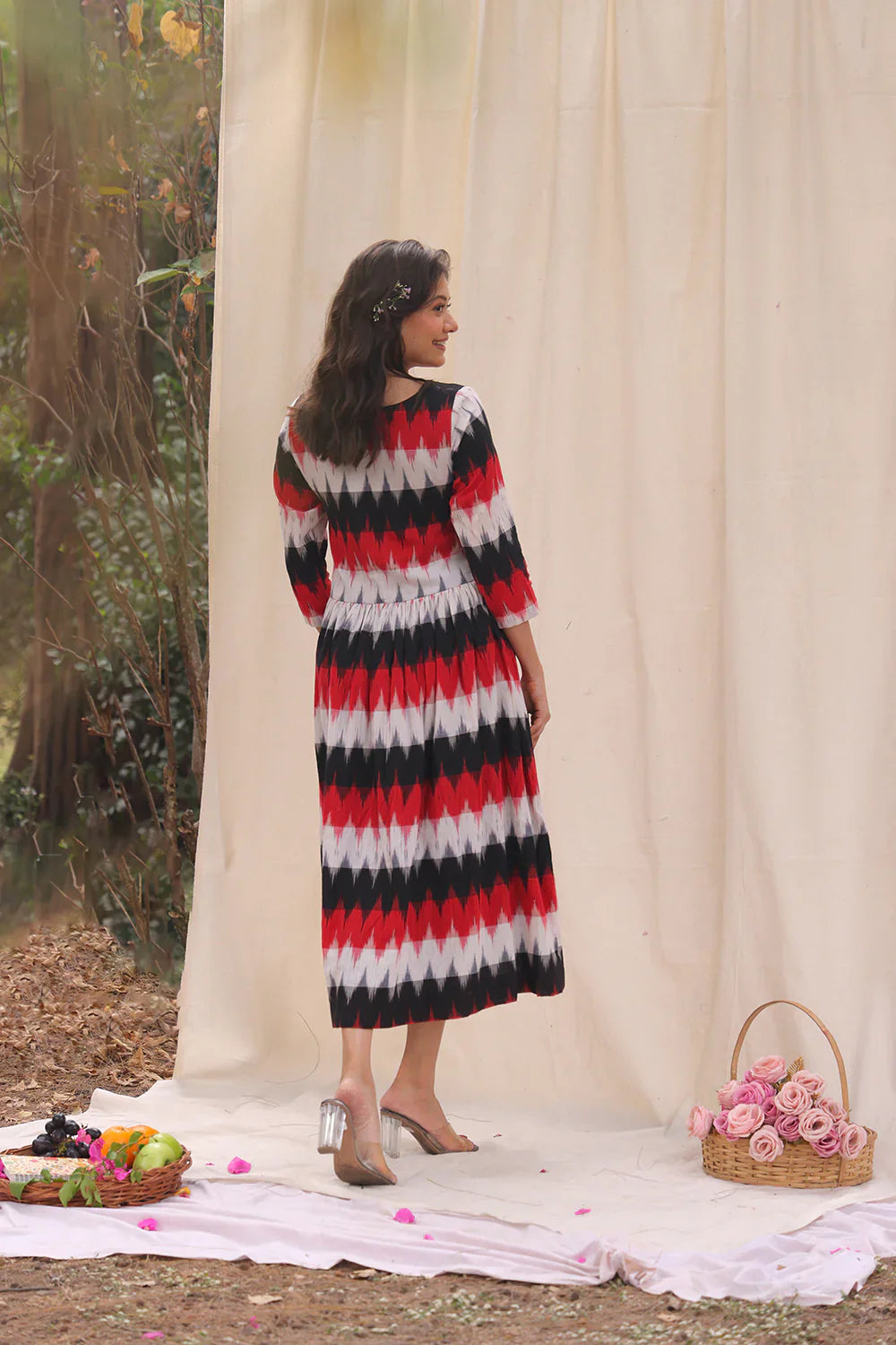 Rhythmic Black Ikkat Cotton Dress | SHOBITAM