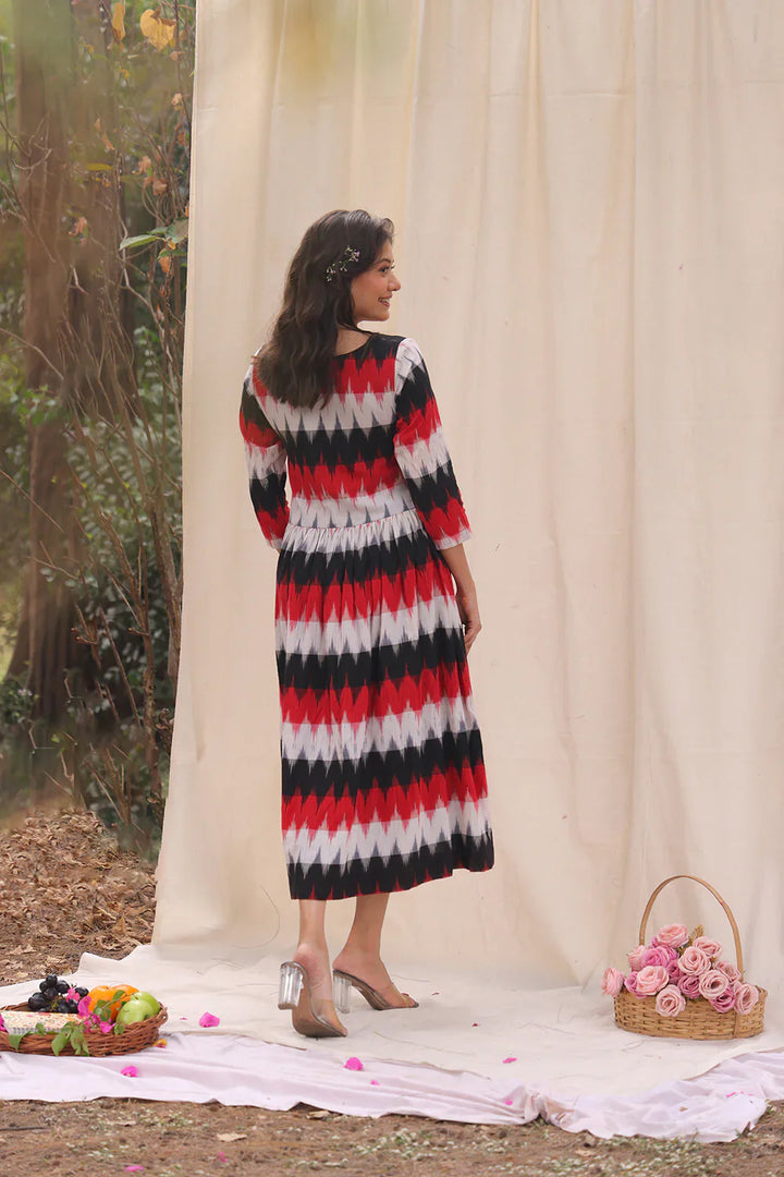 Rhythmic Black Ikkat Cotton Dress | SHOBITAM