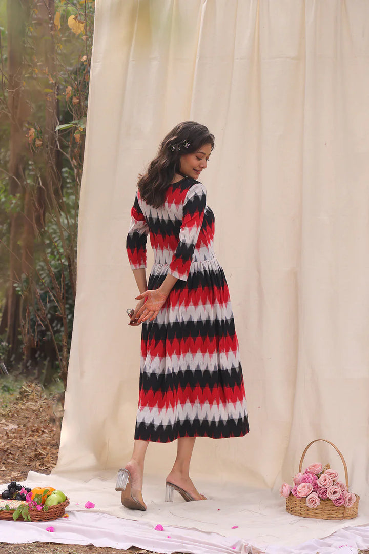 Rhythmic Black Ikkat Cotton Dress | SHOBITAM