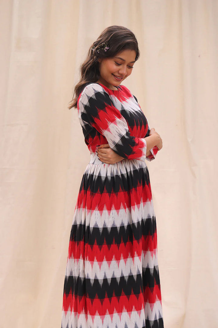 Rhythmic Black Ikkat Cotton Dress | SHOBITAM