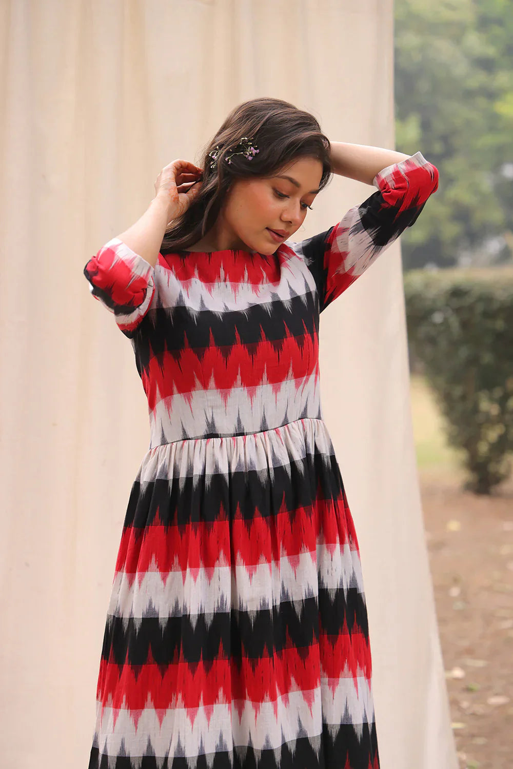 Rhythmic Black Ikkat Cotton Dress | SHOBITAM