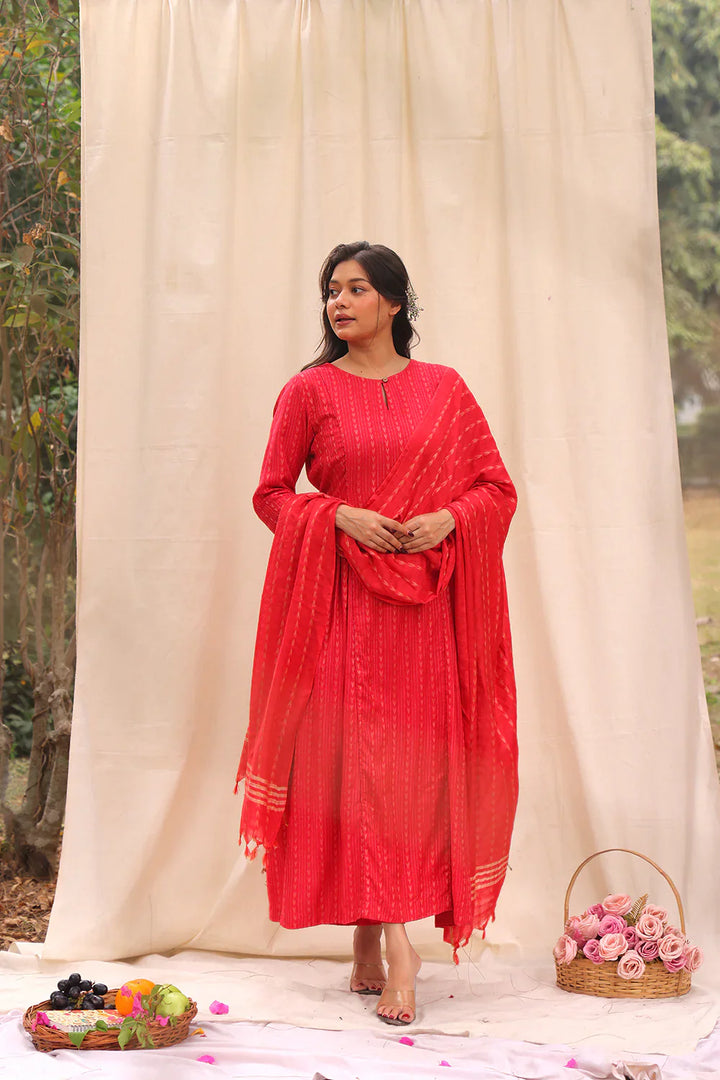 Candy Red Soft Cotton Silk Woven Kurta Set With Dupatta | SHOBITAM