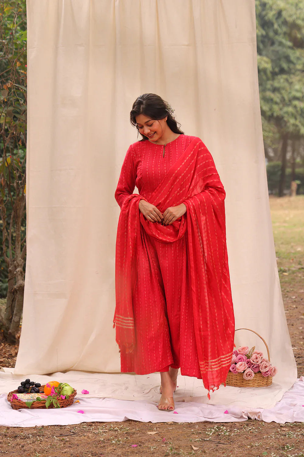 Candy Red Soft Cotton Silk Woven Kurta Set With Dupatta | SHOBITAM