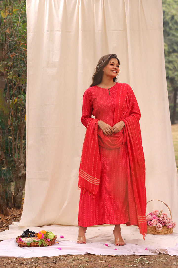 Candy Red Soft Cotton Silk Woven Kurta Set With Dupatta | SHOBITAM