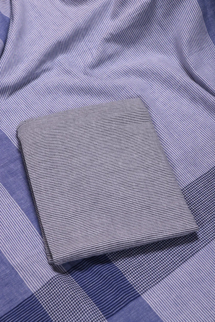 Navy Blue and White Woven Suit Set with Subtle Buti & Stripes Dupatta | SHOBITAM