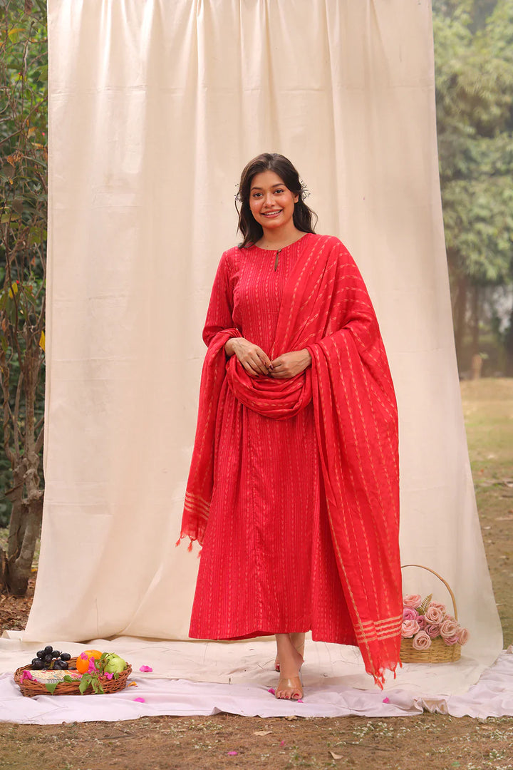 Candy Red Soft Cotton Silk Woven Kurta Set With Dupatta | SHOBITAM
