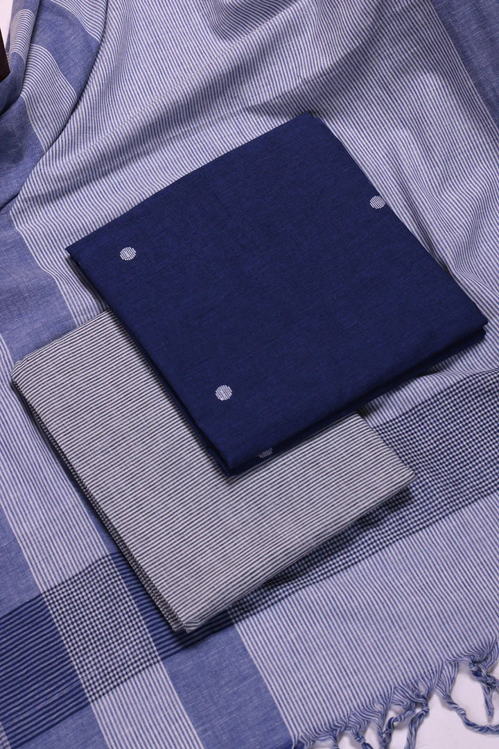Navy Blue and White Woven Suit Set with Subtle Buti & Stripes Dupatta | SHOBITAM