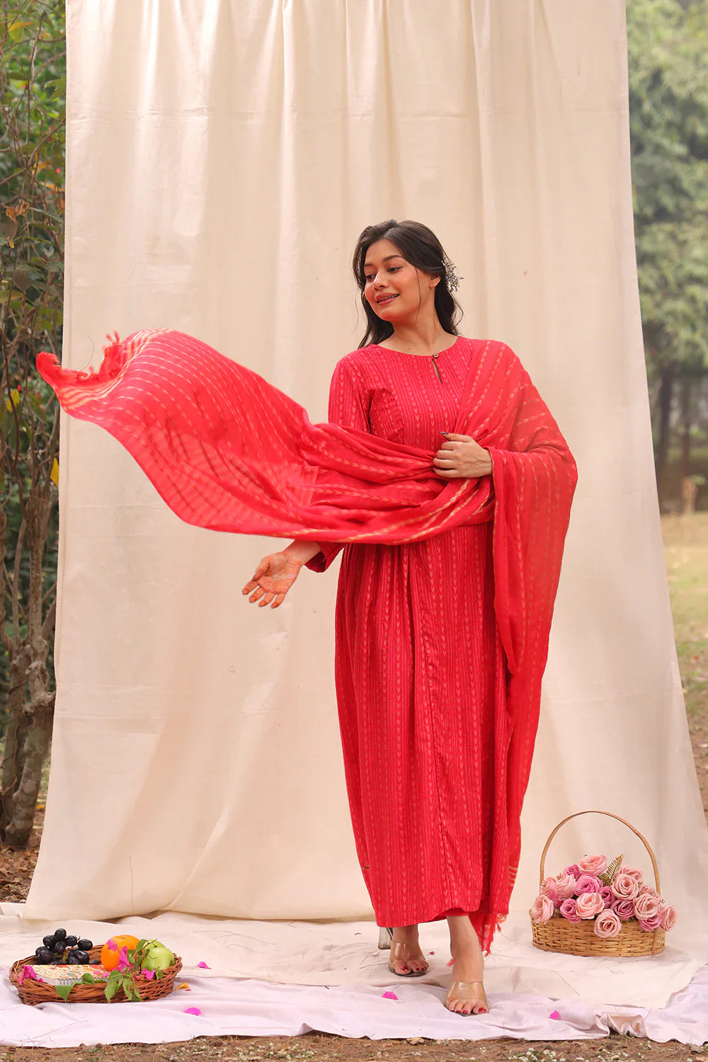 Candy Red Soft Cotton Silk Woven Kurta Set With Dupatta | SHOBITAM