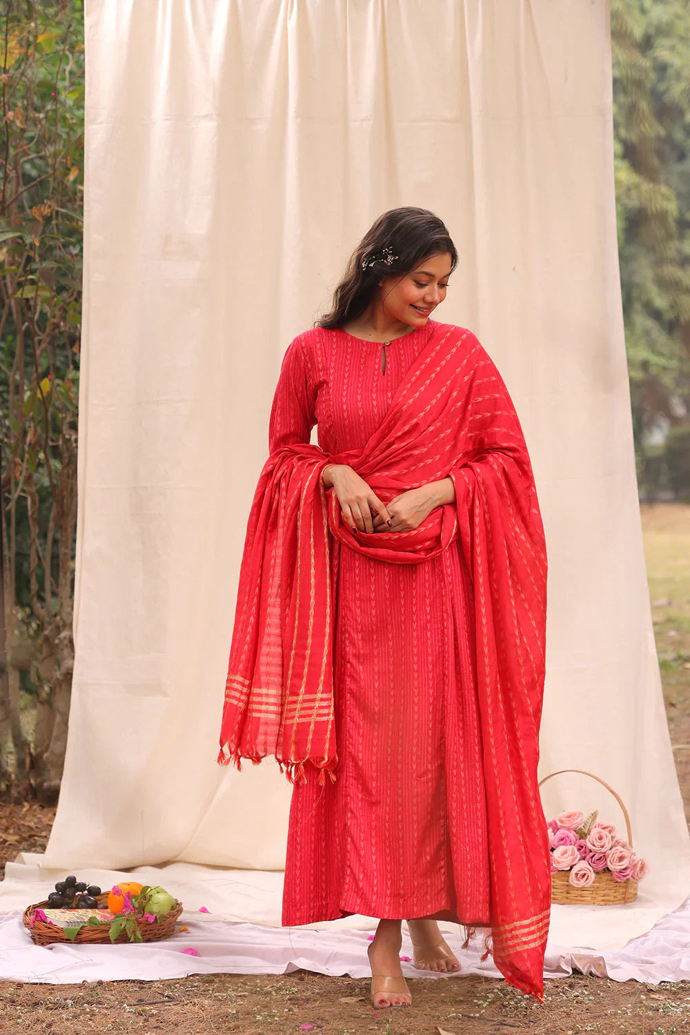 Candy Red Soft Cotton Silk Woven Kurta Set With Dupatta | SHOBITAM
