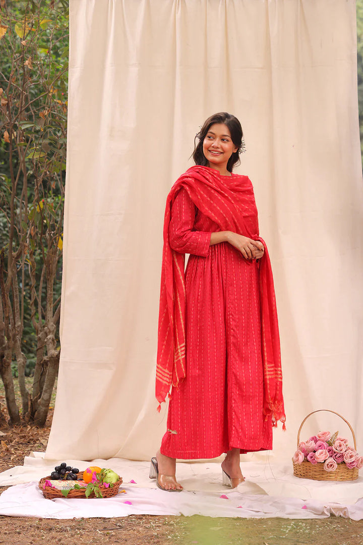 Candy Red Soft Cotton Silk Woven Kurta Set With Dupatta | SHOBITAM