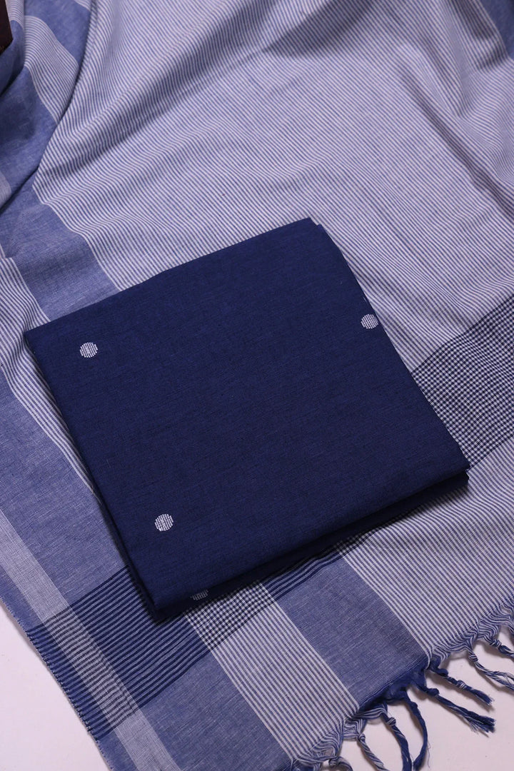 Navy Blue and White Woven Suit Set with Subtle Buti & Stripes Dupatta | SHOBITAM