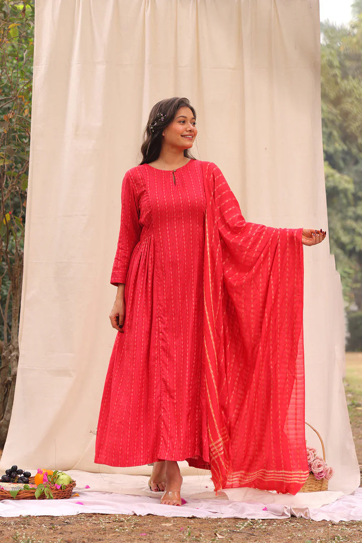 Candy Red Soft Cotton Silk Woven Kurta Set With Dupatta | SHOBITAM