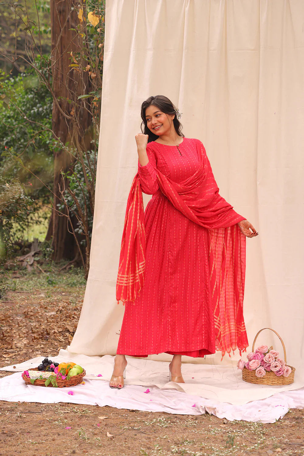 Candy Red Soft Cotton Silk Woven Kurta Set With Dupatta | SHOBITAM