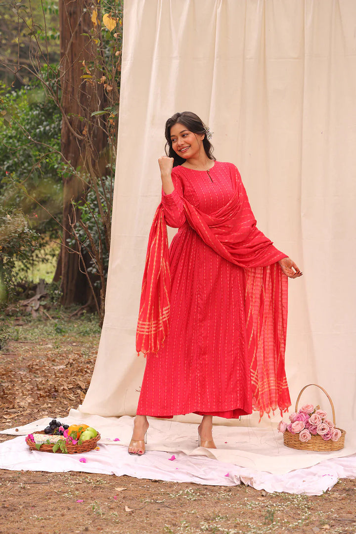 Candy Red Soft Cotton Silk Woven Kurta Set With Dupatta | SHOBITAM