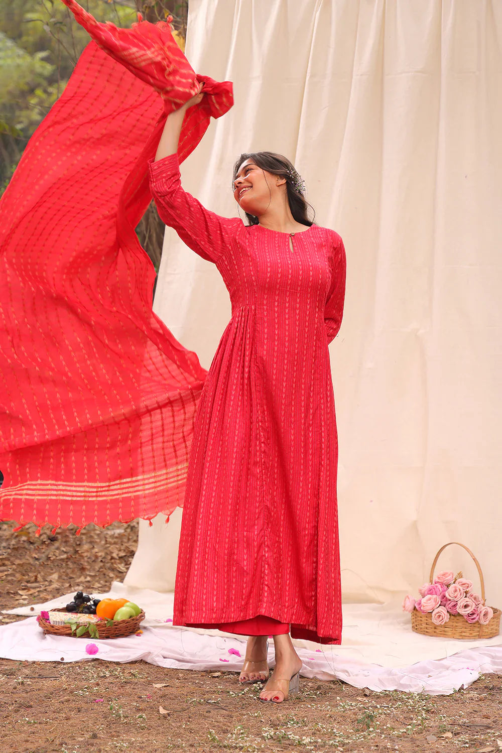 Candy Red Soft Cotton Silk Woven Kurta Set With Dupatta | SHOBITAM