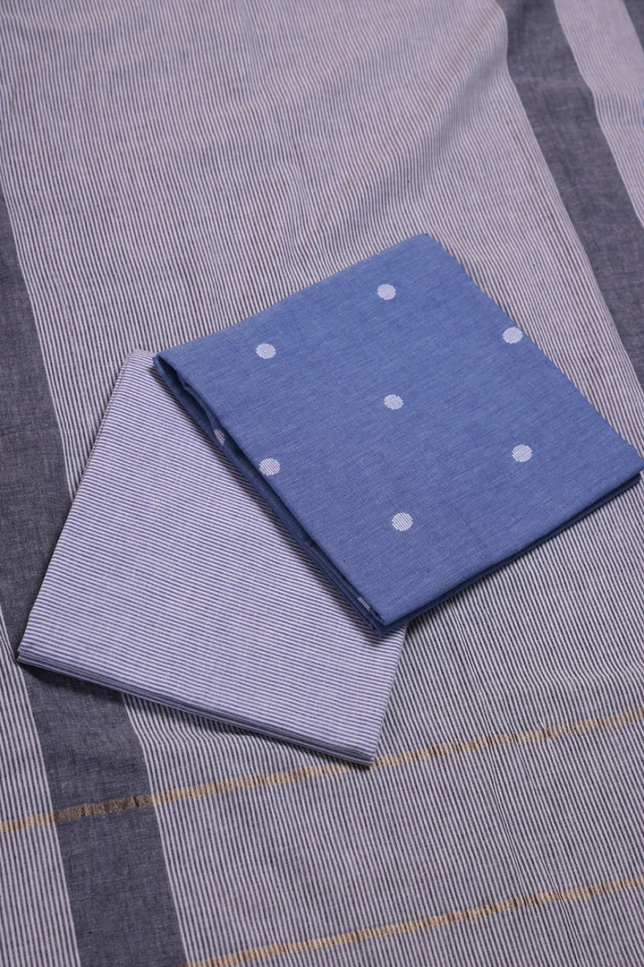 Sky Blue and White Woven Suit Set with Subtle Buti & Stripes Dupatta | SHOBITAM