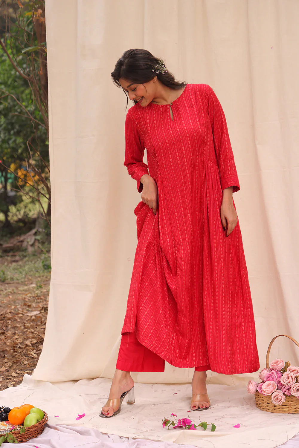 Candy Red Soft Cotton Silk Woven Kurta Set With Dupatta | SHOBITAM