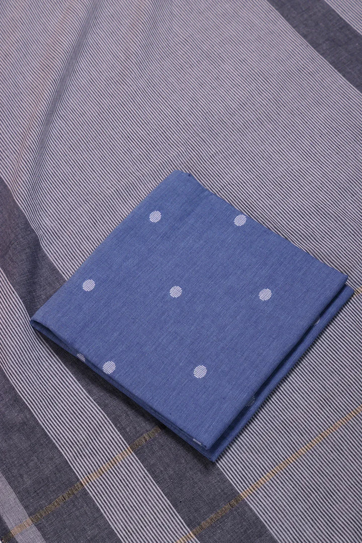 Sky Blue and White Woven Suit Set with Subtle Buti & Stripes Dupatta | SHOBITAM