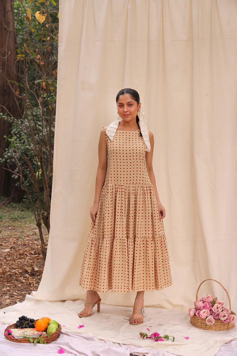 Beige Polka Block Print Cotton Dress | SHOBITAM