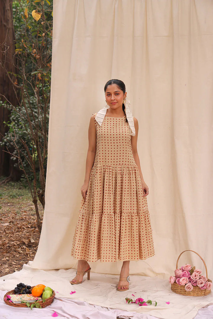 Beige Polka Block Print Cotton Dress | SHOBITAM