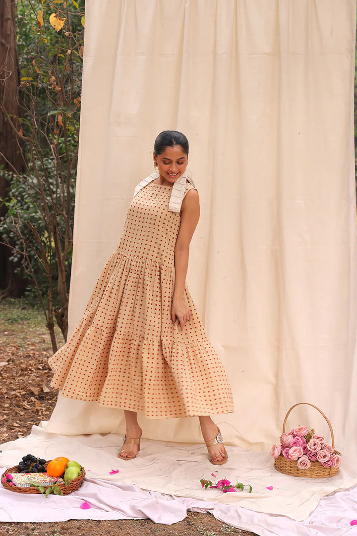 Beige Polka Block Print Cotton Dress | SHOBITAM
