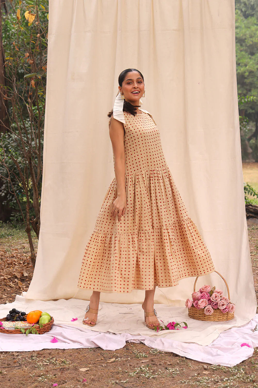 Beige Polka Block Print Cotton Dress | SHOBITAM