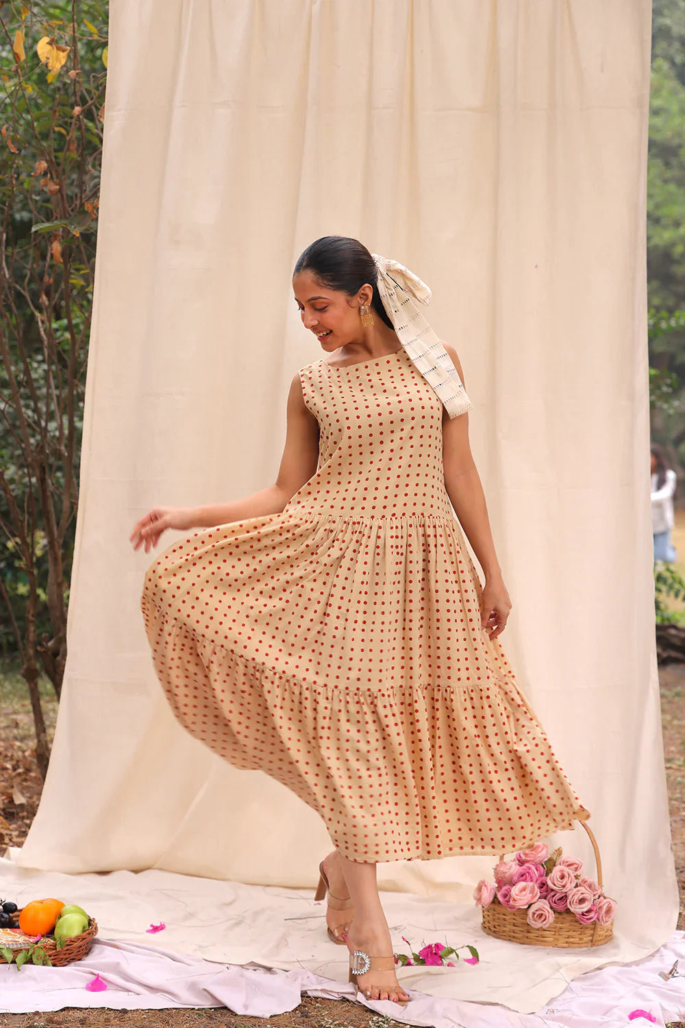 Beige Polka Block Print Cotton Dress | SHOBITAM