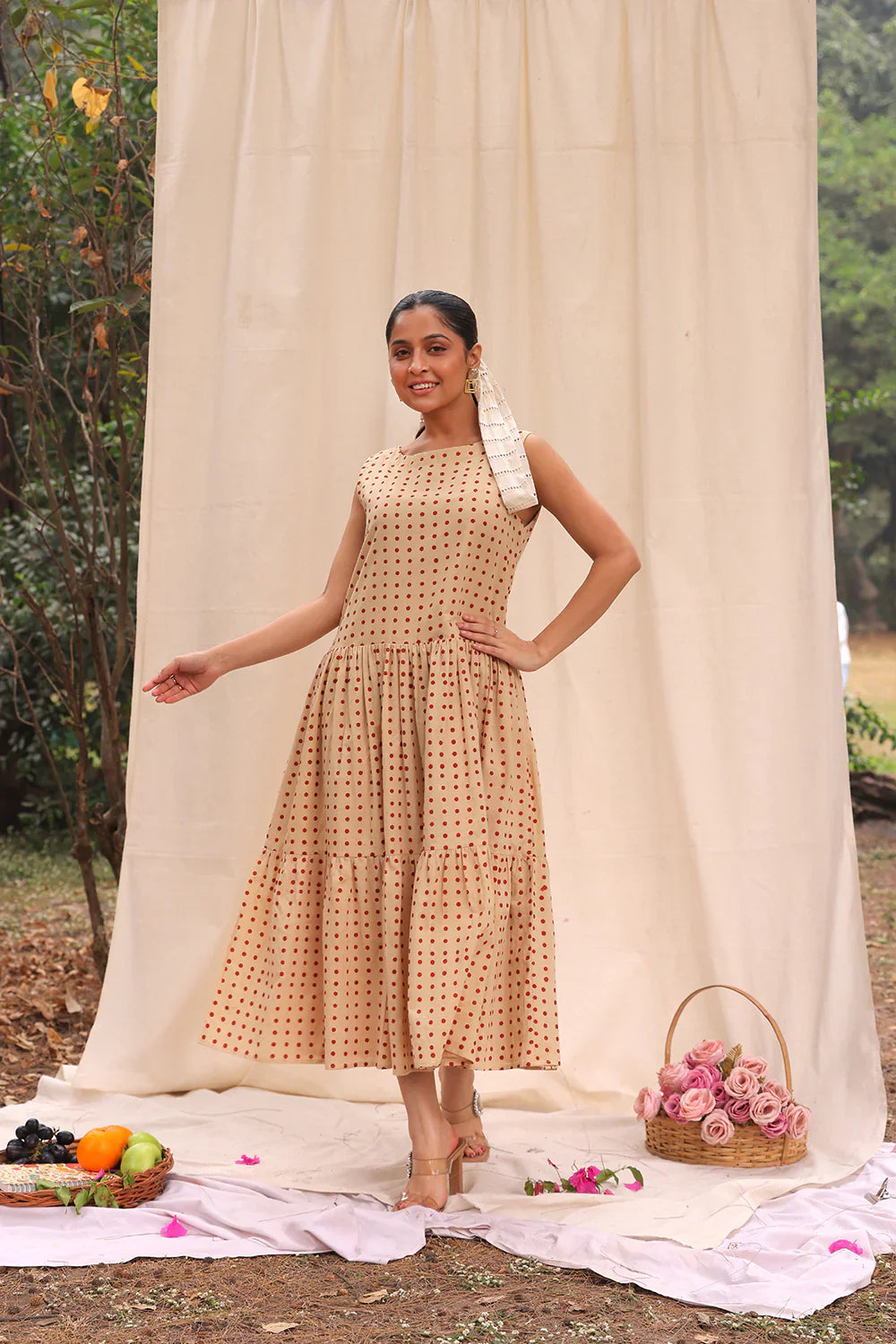 Beige Polka Block Print Cotton Dress | SHOBITAM