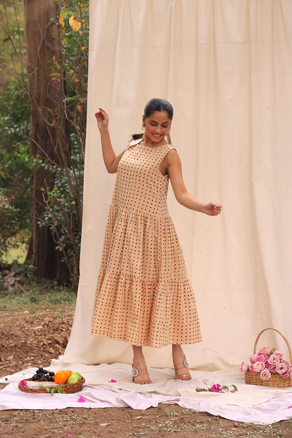Beige Polka Block Print Cotton Dress | SHOBITAM
