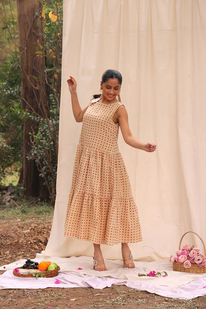 Beige Polka Block Print Cotton Dress | SHOBITAM