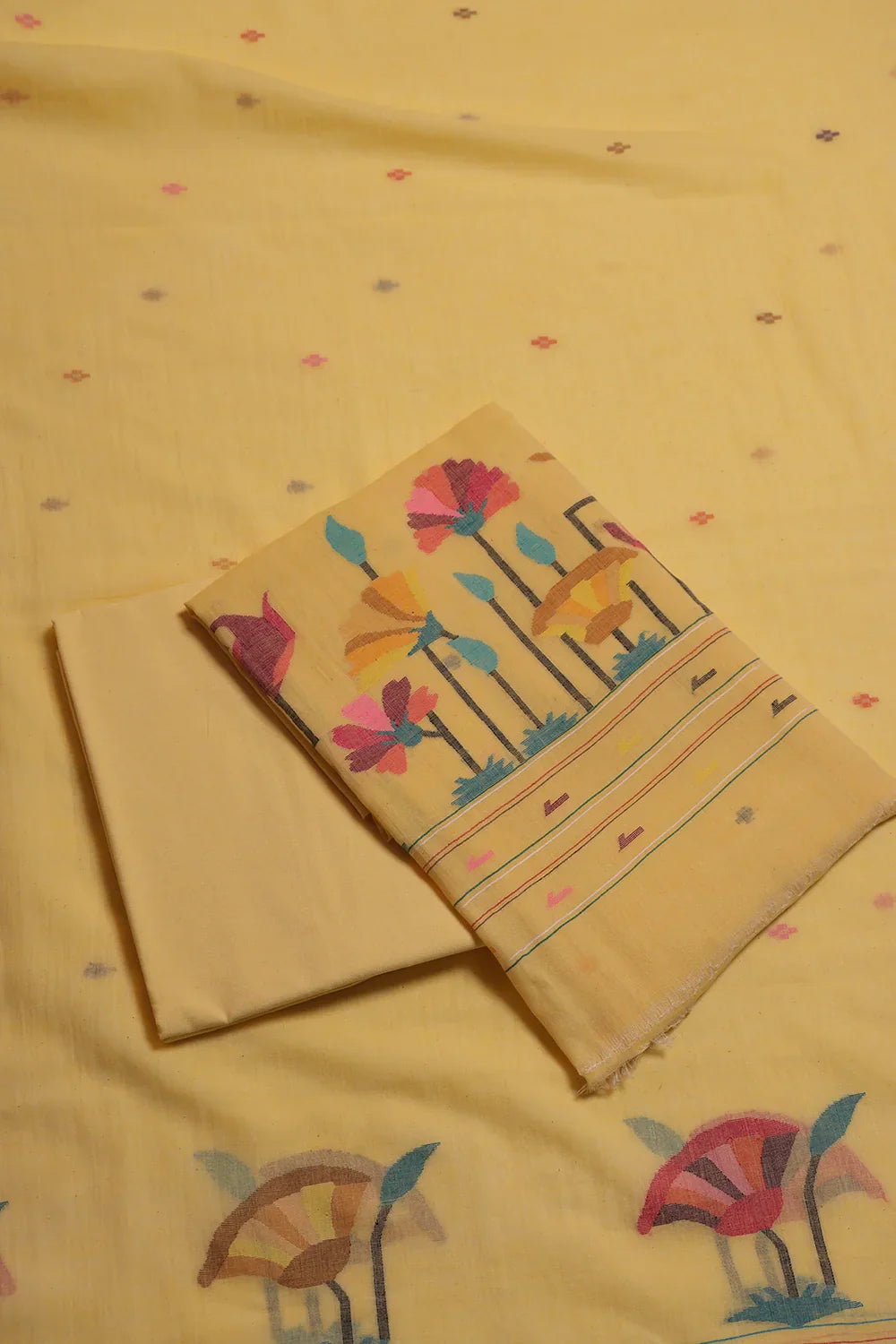 Handloom Cotton Soft Yellow Jamdani Suit Set With Dupatta | SHOBITAM