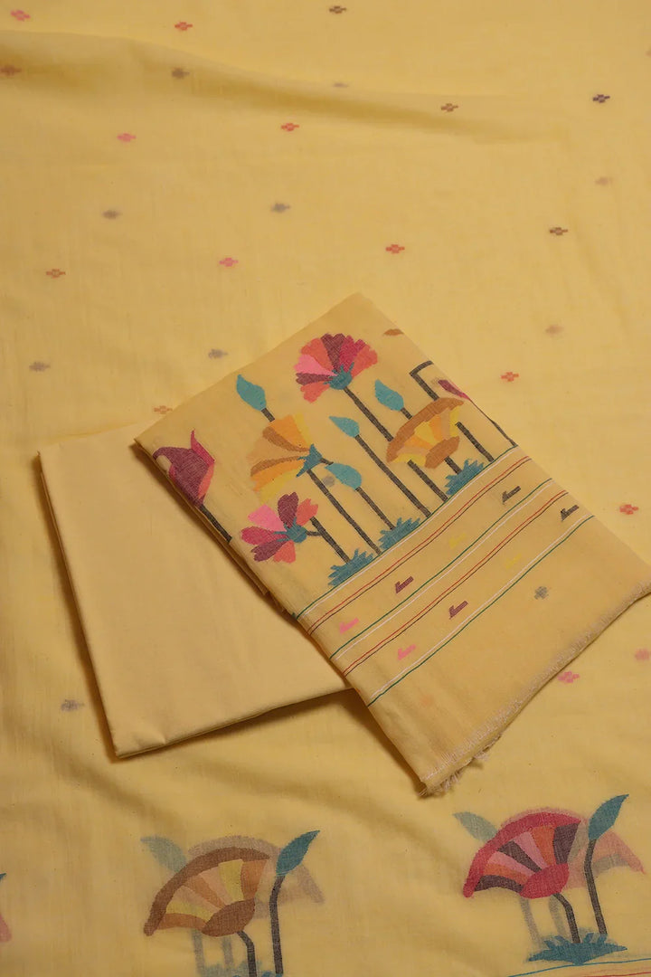 Handloom Cotton Soft Yellow Jamdani Suit Set With Dupatta | SHOBITAM
