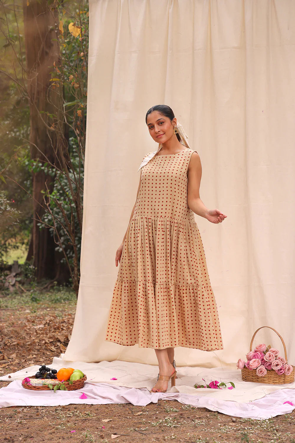 Beige Polka Block Print Cotton Dress | SHOBITAM