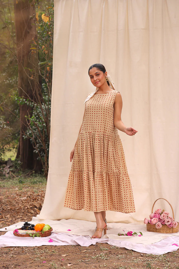 Beige Polka Block Print Cotton Dress | SHOBITAM