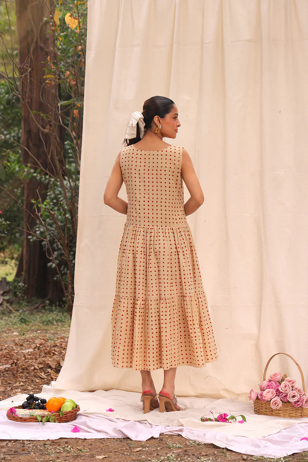 Beige Polka Block Print Cotton Dress | SHOBITAM