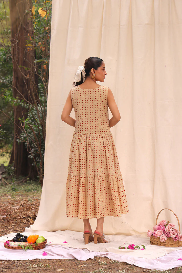 Beige Polka Block Print Cotton Dress | SHOBITAM