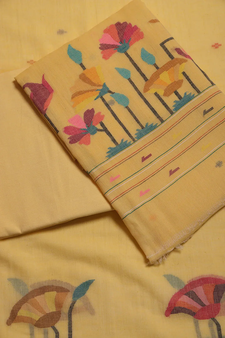 Handloom Cotton Soft Yellow Jamdani Suit Set With Dupatta | SHOBITAM